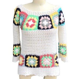 Vintage Granny Square Bell Sleeve Handmade Crochet Crocheted Sweater Top XS/S